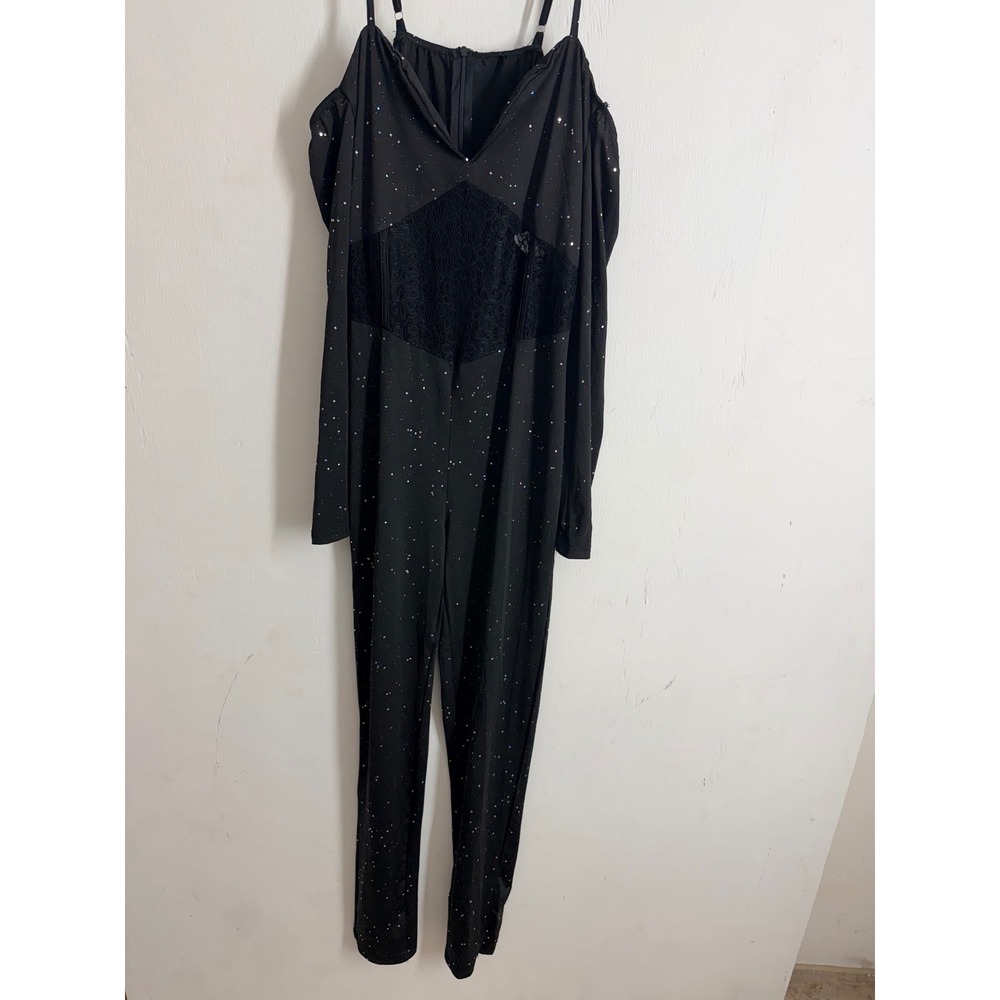 Sexy Black Glitter Cold Shoulder Jumpsuit Lace Waist Sparkle Party Clubwear L